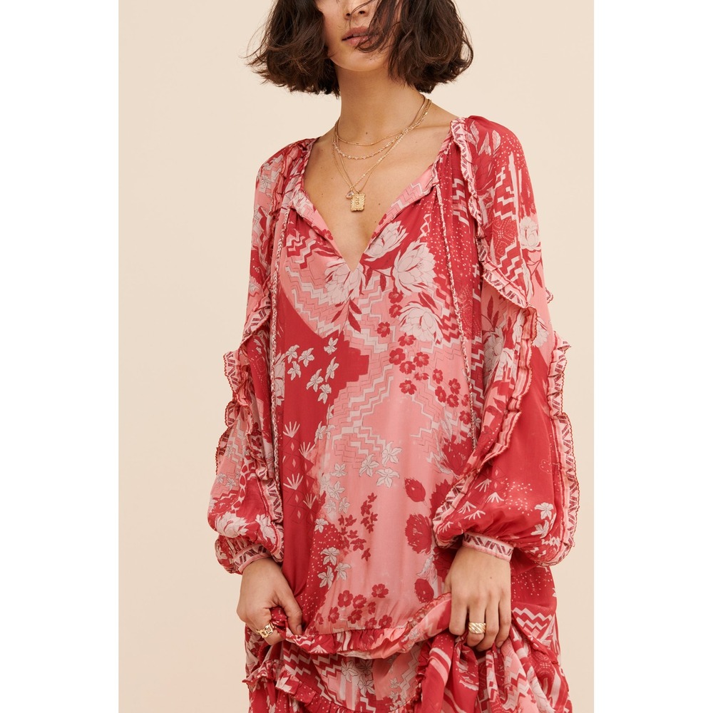 Chufy Paracas Caftan Dress S Red Pink Floral Tiered Maxi Boho Resort Luxury Vaca - Picture 2 of 15